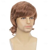 economico Parrucche storiche-Parrucca da uomo corta e ondulata, castana, stile rocker anni &#039;60/&#039;70, per feste di Halloween e cosplay.