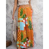 abordables jambe large et taille haute-Femmes Jambe large Chinos Vacances ancien Mode Longueur complète Taille haute Fleuri Ceinture Élastique Impression Confortable Doux Micro-Élastique Extérieur Vacances Rue Blanche Jaune Rose Claire