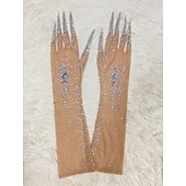 preiswerte Damenkostüme-Glitzernde Handschuhe mit Strasssteinen für Damen, lang, glitzernd, Netzstoff, durchsichtig, Ellenbogenlänge, Opernhandschuhe mit Nägeln, hautfarben, Einheitsgröße