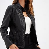 economico Giacche in finta pelle-Per donna Giacca in Ecopelle Confortevole Tasca Cerniera completa Moda Stile da Strada Semplice All&#039;aperto Casual Quotidiano Regolare Collo alla coreana Vestibilità regolare Manica Lunga Capispalla