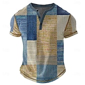 cheap Geometrical-Men&#039;s Geometric Henley Shirt Waffle T Shirt Short Sleeve Daily Retro Vintage Classic Sports Outdoor Casual Holiday Spring &amp; Summer All Seasons Dark Brown Green Blue Khaki Henley Henley T-Shirt