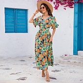 tanie Sukienki kwiatowe-Damskie Sukienka maxi Sukienka letnia Sukienka A line Urlop Codzienny Boho Impreza Wyjściowe Plaża Luźny / a Kwiaty Graficzny Krótki rękaw W serek Kolor Lato Wiosna