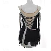 billige Figur skating kjoler-Kjole til kunstløp Dame Jente Skøyteløp Kjoler Svart Lapper Tommelhull Netting Spandex Elastisk Trening Profesjonell Konkurranse Skøyteklær Hold Varm Krystall / Rhinstein Langermet Skøyting Kunstløp