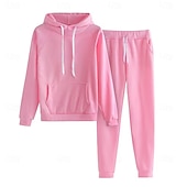 preiswerte Blusenanzüge für Damen-Damen Mode Streetwear Täglich Hosen-Sets Langarm Mit Kapuze Einfarbig Lässig Täglich Schwarz Rosa Rote Sommer Normale Passform