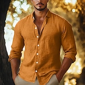 preiswerte Straße-Herren Hemd Leinenhemd Knopfhemd Einfach Urlaub Lässig Schwarz Gelb Marineblau Braun Langarm Revers Sommer Herbst Bekleidung Knöpfe