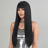 baratos Perucas de festa-Black Long Straight Wig for Women – Realistic Scalp, Full Head Cap, Lolita &amp; JK Style, Perfect for Halloween Cosplay, Manga Characters, and Everyday Wear