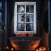 cheap Door Covers-Halloween Window Curtain Skeleton Peeking Through Blinds, Scary Door Cover, Window cover,  Wall Tapestry for 2025 Halloween Spooky Home Decoration