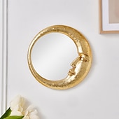 abordables esculturas de pared-Espejo de pared con cara de luna de resina dorada, espejo colgante artístico redondo para decoración de pared de fondo del hogar, espejo de maquillaje creativo para tocador, decoración de pared y