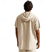 cheap Vacation-Men&#039;s Shirt Linen Shirt Popover Shirt Casual Shirt Cotton Shirt Plain Vacation Street Black White Navy Blue Brown Short Sleeve Hooded Summer Clothing Apparel Lace up