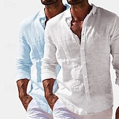preiswerte Klassiker-Herren Hemd Leinenhemd Sommerhemd Strandbekleidung Knopfhemd Einfach Urlaub Lässig Weiss + Rosa Marineblau + Grau Grün+Khaki Blau+Marineblau Langarm Umlegekragen Sommer Frühling Bekleidung Rein