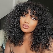 cheap Human Hair Capless Wigs-Curly Human Hair Wig With Bangs 100% Brazilian Human Hair Curly Wigs Scalp Full Machine Made Wig for Black Women L Curly Wigsn Human Hair Natural Color