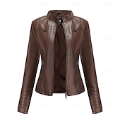 voordelige Imitatieleren jassen-Dames Jas van imitatieleer Comfortabel Zak Volledige ritssluiting Modieus Street Style Effen Buiten Casual / Dagelijks Normaal Opstaand Normale pasvorm Lange mouw bovenkleding Zwart Rood Kameel Lente