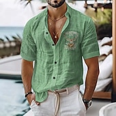 levne Dovolená-Pánské Lněná košile Košile pro volný čas Bavlněná lněná košile Košile na knoflíky Zvířecí vzor Dovolená Denní nošení Černá Bílá Světle zelená Růžová Krátký rukáv Klopa Celý rok Oblečení S přezkou