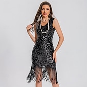 voordelige Jaren 1920 Jurken-Retro vintage Roaring jaren &#039;20 Jaren 1920 Boven de knie Tot de knie Flapper jurk Cocktailjurk Mouwloos The Great Gatsby Flapper Girl Pailletten Zoom V-hals Kostuum Dames Kerstmis Carnaval Bruiloft