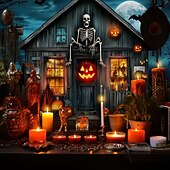 halpa halloween seinävaatteita-Halloween-kummitustalon seinävaate – Luuranko ja hohtava Jack-o&#039;-lantern-portaikkokohtaus pelottava yötaivas goottilainen tausta 2025 Halloween-olohuoneeseen makuuhuoneeseen juhlakoristeeksi