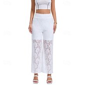 abordables jambe large et taille haute-Femmes Jambe large Slacks Streetwear Occasionnel Longueur complète Naturel Uni Dentelle Patchwork Taille Élastique Confortable Fête Sortir Vert translucide Noir Blanche Bleu de minuit Automne Coupe