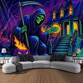 お買い得  ハロウィン壁タペストリー-ハロウィン ブラックライトタペストリー 雲の中の死神 UV反応 暗闇で光る 森 夢のような山 霧の墓地 ゴースト ハンギングタペストリー ウォールアート ミューラル リビングルーム 寝室用