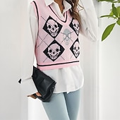 preiswerte Pulloverweste-Damen Pullunder Pullover Lässig Skelett Grobstrick V Ausschnitt Gestrickt Ärmellos Normale Oberteile Stricken Halloween Täglich Ferien Schwarz Rosa Herbst Winter