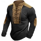 preiswerte Basic-T-Shirts-Herren T-Shirt aus Baumwollleinen Langarm Stehkragen Henley Sommer Frühling Herbst Einfach Basic Rustikal Modern Patchwork Kordelzug Knöpfe Heim Straße Lässig Schwarz Grau Grün Top T-Shirt für Herren