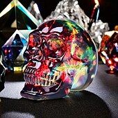 economico Halloween-Statuina di teschio in vetro fatta a mano - scultura di teschio in cristallo iridescente multicolore, decorazione fantasy americana per vari tipi di stanze, ideale per decorazioni natalizie, di