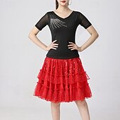お買い得  ラテンダンスウェア-ラテンダンス スカート ピュアカラー スプライシング スパンコール 女性用 性能 訓練 半袖 ハイウエスト ポリエステル