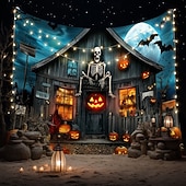 halpa halloween seinävaatteita-Halloween-kummitustalon seinävaate – Luuranko ja hohtava Jack-o&#039;-lantern-portaikkokohtaus pelottava yötaivas goottilainen tausta 2025 Halloween-olohuoneeseen makuuhuoneeseen juhlakoristeeksi