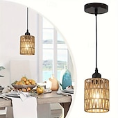 baratos Luzes pendentes-pendente vintage country, material de corda de vime trançada em metal, 15 cm de altura, luz branca quente/branca, e26 e27, corrente ajustável