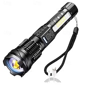 abordables Lampes de travail-Lampe de poche tactique rechargeable, lampes de poche puissantes à haute luminosité avec 7 modes d&#039;éclairage, feu latéral d&#039;avertissement COB, étanchéité IPX6, faisceau zoomable, lampe de poche