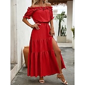 preiswerte Lässige Blumenkleider-Damen Langes Kleid Maxikleid Schwingkleid Sommerkleid Elegant Ausgehen Sommerkleid Normale Passform Einfarbig Kurzarm Schulterfrei Schwarz Rote Rosenrot Aprikose Sommer