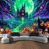 cheap Halloween Garage Door Cover-Halloween Blacklight Tapestry Witch Castle UV Reactive Glow in the Dark Forest Trippy Mountain Misty Graveyard Ghost Hanging Tapestry Wall Art Mural for Living Room Bedroom