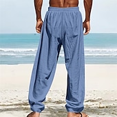 cheap Holiday-Men&#039;s Linen Pants Trousers Summer Pants Beach Pants Pocket Elastic Waist Drawstring Plain Comfort Breathable Vacation Daily Holiday Hawaiian Boho White Dark Red