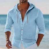 economico Vacanza-Per uomo Camicia Camicia di lino Abbigliamento da spiaggia Camicia con Bottoni Camicia con cappuccio Semplice Vacanza Casuale Nero Bianco Rosa Blu Manica Lunga Con Cappuccio Estate Primavera &amp; Estate