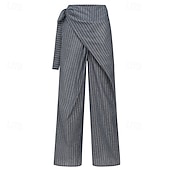 preiswerte weites Bein und hohe Taille-Damen Weites Bein Anzughose Hosen Hose Mode Streetwear Volle Länge Hohe Taille Gestreift Kordelzug Atmungsaktivität Bequem Straße Alltagskleidung Ausgehen Blau Weiß Dunkelgray Frühling Herbst Normale