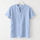 economico Vacanza-Per uomo Camicia Camicia di lino Camicia popover Camicia casual Camicia di cotone Semplice Vacanza Streetwear Nero Bianco Cachi Azzurro Manica Corta Colletto alla coreana Estate Abbigliamento
