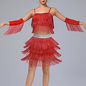 cheap Latin Dancewear-Latin Dance Skirts Tassel Pure Color Splicing Women&#039;s Performance Training Sleeveless High Polyester