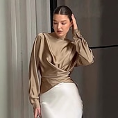 cheap Plain Blouses-Women's Satin Shirt Dress Shirt Blouse Ruched Lace up Solid Color Elegant Vintage Stylish Long Sleeve Off Shoulder Crop Tops Daily Work Holiday khaki Spring Fall