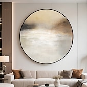 voordelige Abstracte schilderijen-handgemaakte cirkelvormige abstracte olieverfschilderij gouden lijst reflecterende gradiënt kunstwerk grijs wit beige gedempt goud houtskool tinten moderne wanddecoratie luxe huiselijke ambiance klaar