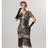 preiswerte Kleider-Retro Vintage Goldene Zwanziger 1920er Midlänge Flapper Kleid Cocktailkleid Der große Gatsby Flapper-Mädchen Pailletten Fransen V Ausschnitt Damen Weihnachten Halloween Karneval Hochzeit