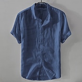 billiga Business Casual-Herr Skjorta Linneskjorta Casual skjorta Bomullskjorta Slät Semester Gata Vit Himmelsblå Kaki Mörkblå Kortärmad Nedvikt Sommar Kläder Button-Down