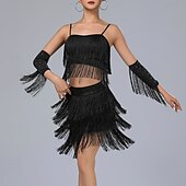 cheap Latin Dancewear-Latin Dance Skirts Tassel Pure Color Splicing Women&#039;s Performance Training Sleeveless High Polyester