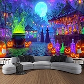 cheap Halloween Garage Door Cover-Halloween Blacklight Tapestry Witch Castle UV Reactive Glow in the Dark Forest Trippy Mountain Misty Graveyard Ghost Hanging Tapestry Wall Art Mural for Living Room Bedroom