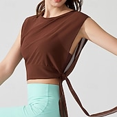 baratos Yoga Tops-Mulheres Camisa curta de treino Top de ioga Secagem Rápida Respirável Sem Manga Esportes Côr Sólida Blusas Para Academia Esportivo Pilates Roupas Esportivas