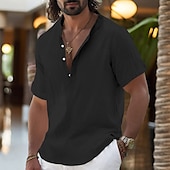 abordables Vacaciones-Hombre Camisa Camisa de lino Camisa con cuello mao Camisa de manga corta Camisa de verano Ropa de playa Plano Vacaciones Casual Negro Blanco Amarillo Rosa Manga Corta Henley Verano Ropa