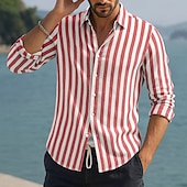 voordelige Vakantie-Voor heren Overhemd Linnen overhemd Zomer overhemd Strand Kleding Overhemd met knopen Verticale stroken Vakantie Curise Zwart Blozend Roze Rood blauw Lange mouw Strijkijzer Zomer Lente Kleding