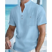abordables Vacances-Homme Chemise Chemise en lin Chemise popover Chemise Décontractée Chemise en coton Uni Vacances Rue Blanche Jaune Rose dragée Abricot Manche Courte Band Collar Été Vêtement Tenue Avec Poches