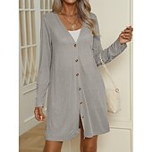 abordables Manteaux &amp; trenchs-Femmes Veste Décontractée Confortable Respirant Boutons Occasionnel Uni Vacances Rue Occasionnel Tenue quotidienne Simple Boutonnage Long Col en V Coupe régulière manche longue Vêtements d&#039;extérieur