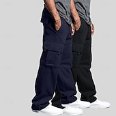 お買い得  スウェットパンツ-男性用 フリースパンツ スウェットパンツ ジョガー ズボン カーゴスウェットパンツ 弾性ウエスト ドローストリング マルチポケット 純色 ウォーム 吸汗性 全長 カジュアル 日常 ランニング ファッション ストリートファッション ブラック+ネイビーブルー ブラック＋ライトグレー 伸縮性あり