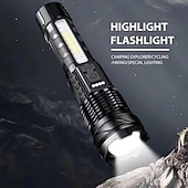 abordables Lampes de travail-Lampe de poche tactique rechargeable, lampes de poche puissantes à haute luminosité avec 7 modes d&#039;éclairage, feu latéral d&#039;avertissement COB, étanchéité IPX6, faisceau zoomable, lampe de poche