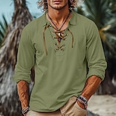 preiswerte Urlaub-Herren Hemd Leinenhemd Wikinger-Stil Popover-Hemd Sommerhemd Strandbekleidung Einfarbig Urlaub Straße Weiß Blau Orange Grün Langarm Kragenlos Bekleidung Kordelzug
