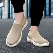 billiga Slip-ons och loafers till herrar-Beige stickade slip-on herrsneakers – andningsbara lätta vardagsskor för sommar, promenader och semester